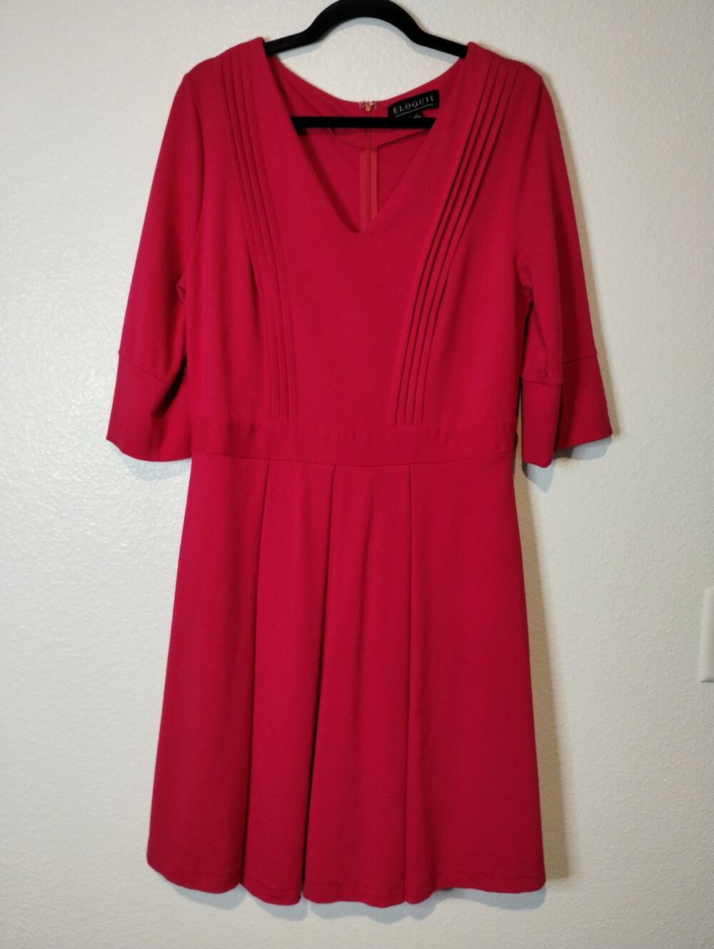 Eloquii Women's Size 14 Red V-Neck Pintuck Zip-Back Ponte Knit A-Line Dress
